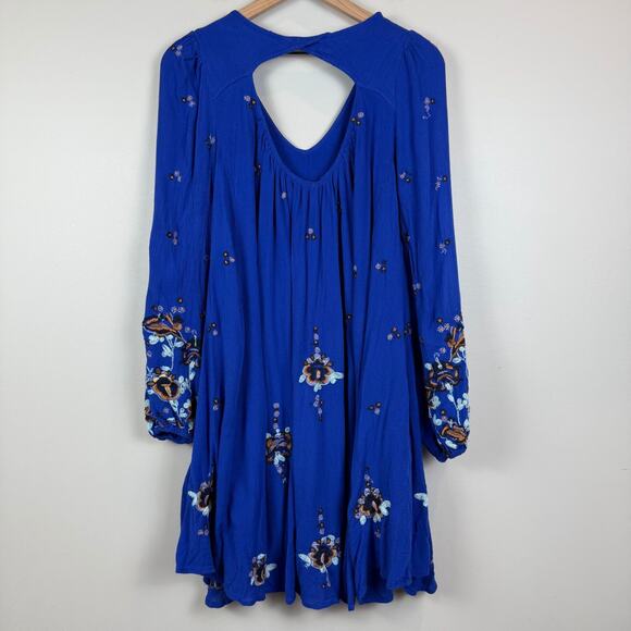 Free People Mini Dress Womens M Royal Blue Oxford Embroidered Oversized Bohemian - Picture 3 of 11